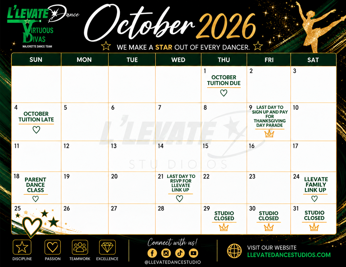 L'Levate Dance Studio October 2026 monthly calendar